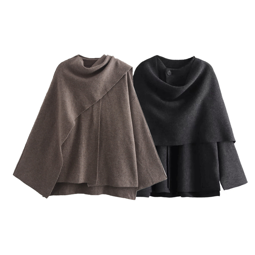 Women's dark grey wool poncho asymmetrical knit wrap outerwear