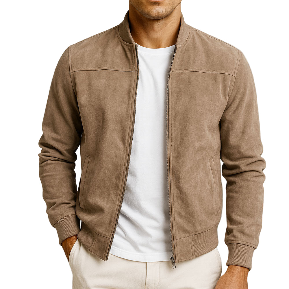 Men's brown minimalist zip-up jacket with stand collar