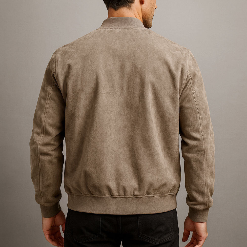 Men's brown minimalist zip-up jacket with stand collar