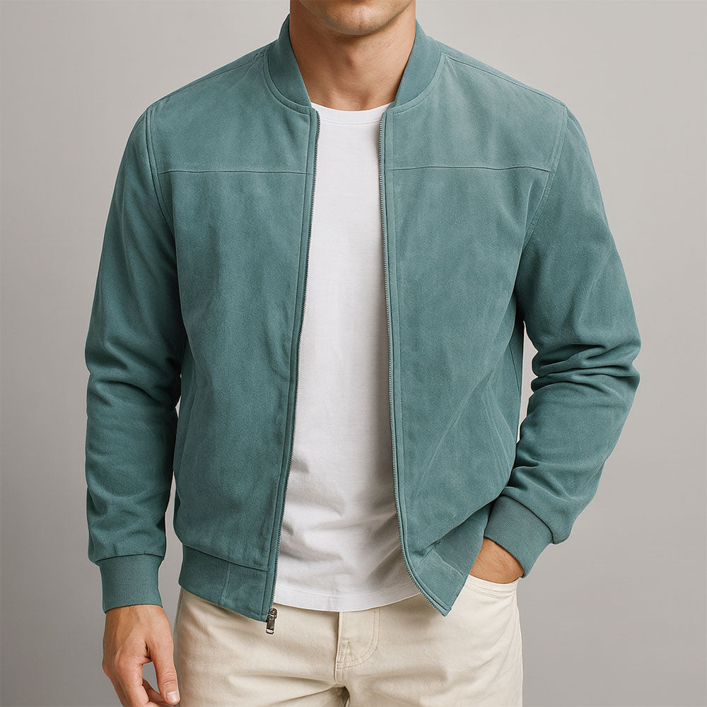 Men's brown minimalist zip-up jacket with stand collar