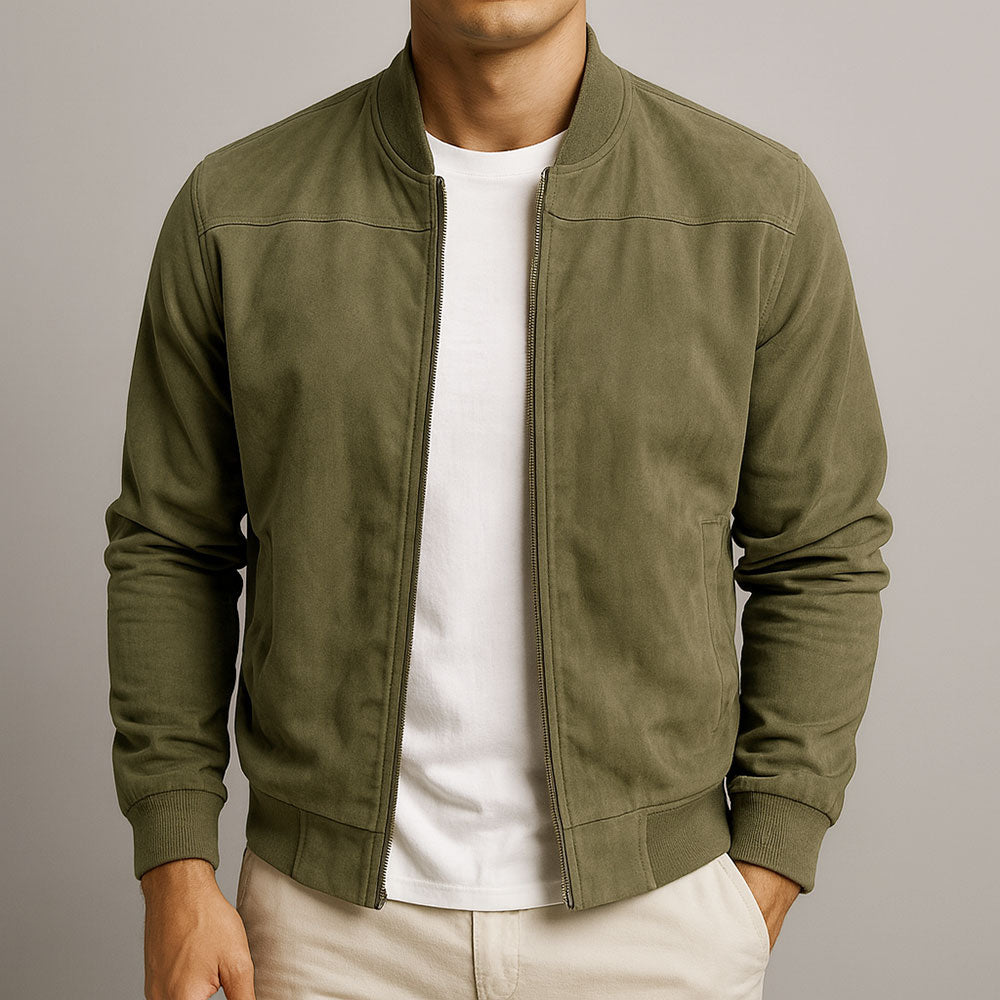 Men's brown minimalist zip-up jacket with stand collar