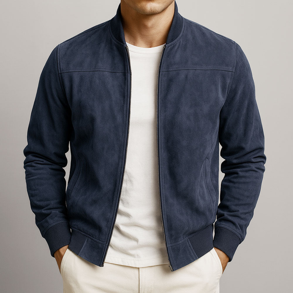 Men's brown minimalist zip-up jacket with stand collar