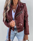 Women's red leather jacket with high collar and waist belt