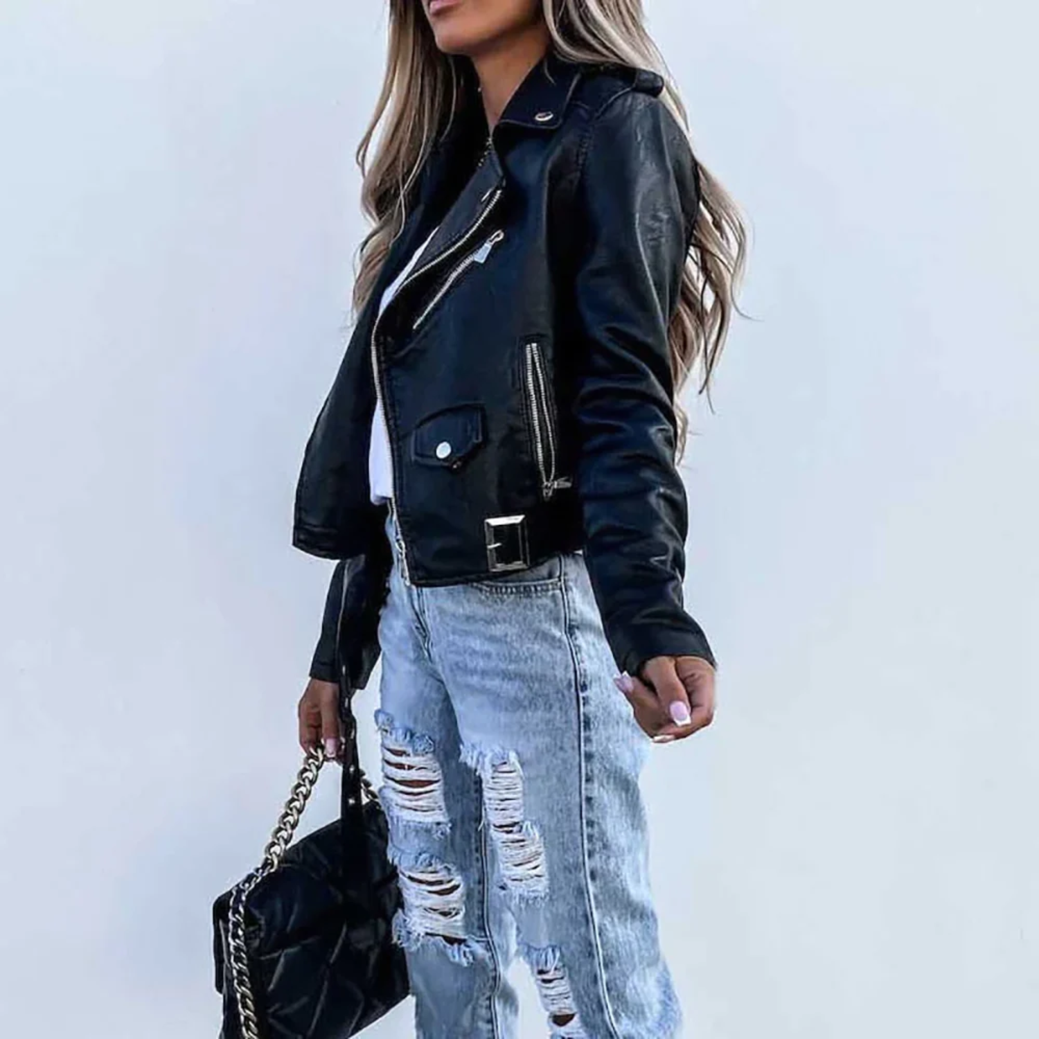 Women's red leather jacket with high collar and waist belt