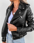 Women's red leather jacket with high collar and waist belt