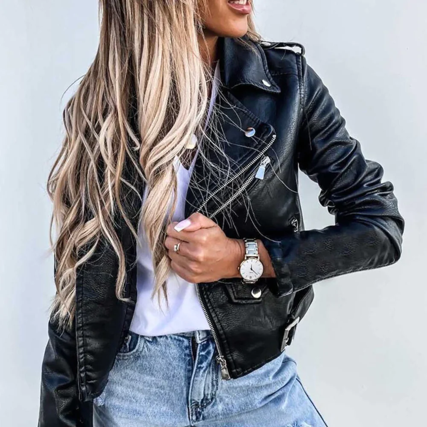 Women's red leather jacket with high collar and waist belt