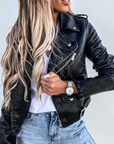 Women's red leather jacket with high collar and waist belt