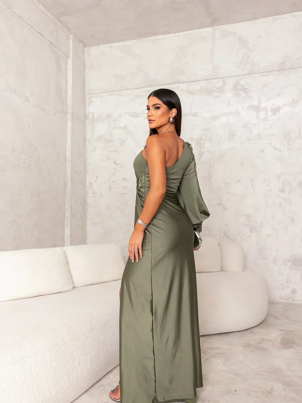 Evening Dress Maxi Dress One-Shoulder Knot Detail Satin Formal Wear 1
