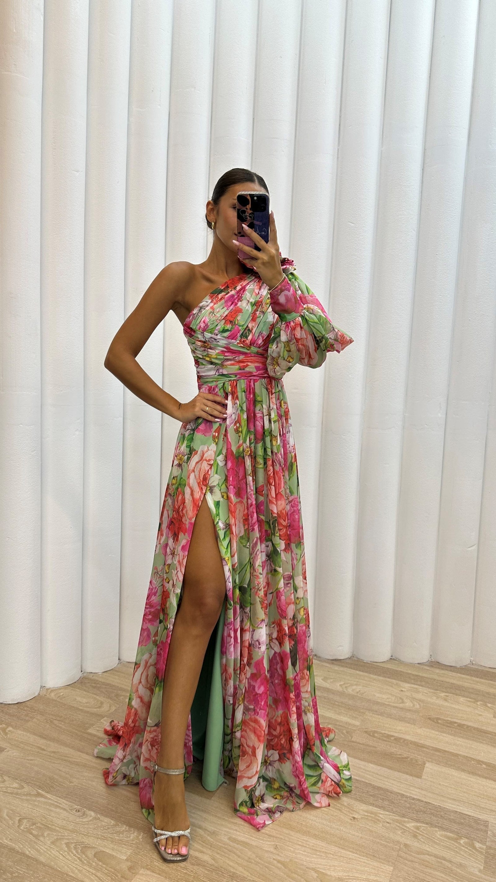 Floral Maxi Dress One-Shoulder Design Flowing Silhouette Evening Wear 6