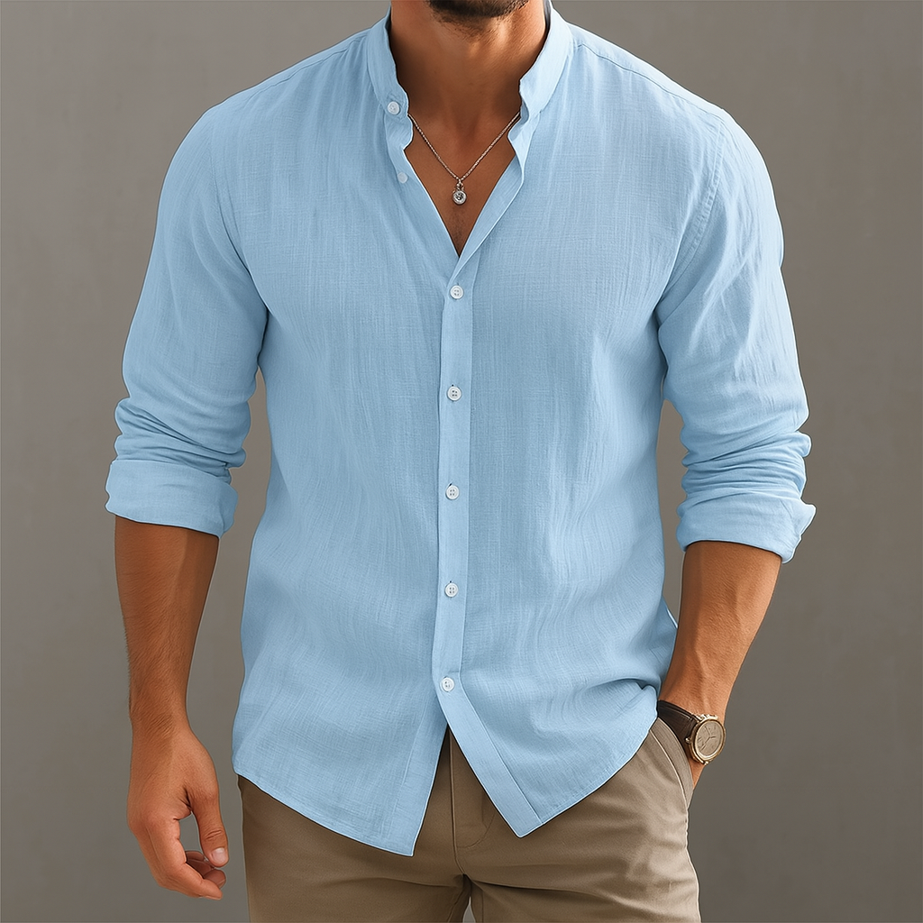 Fresh Men's Shirt With Band Collar For Summer 4