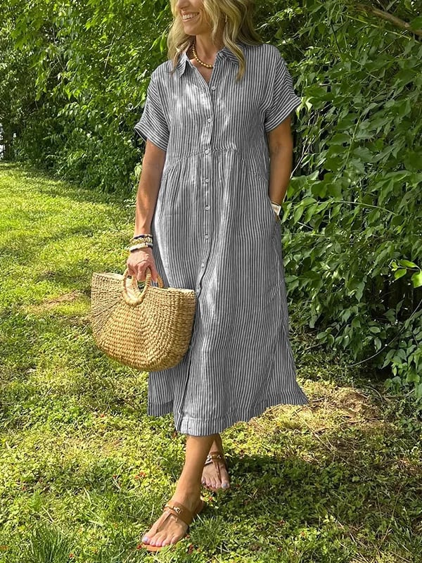 Fresh Striped Midi Women's Dress With Button-Up Front 9