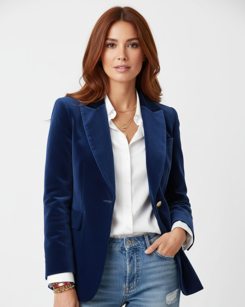 Women's green velvet blazer with gold-tone buttons
