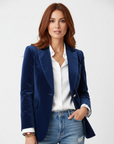 Women's green velvet blazer with gold-tone buttons