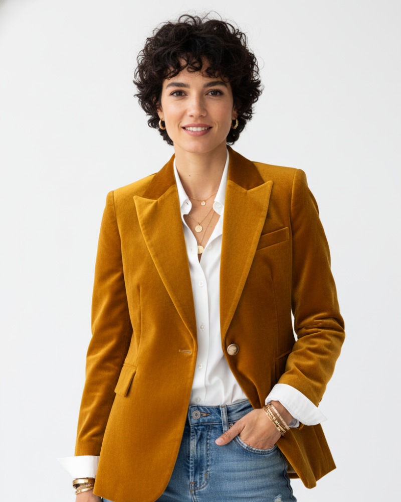 Women's green velvet blazer with gold-tone buttons