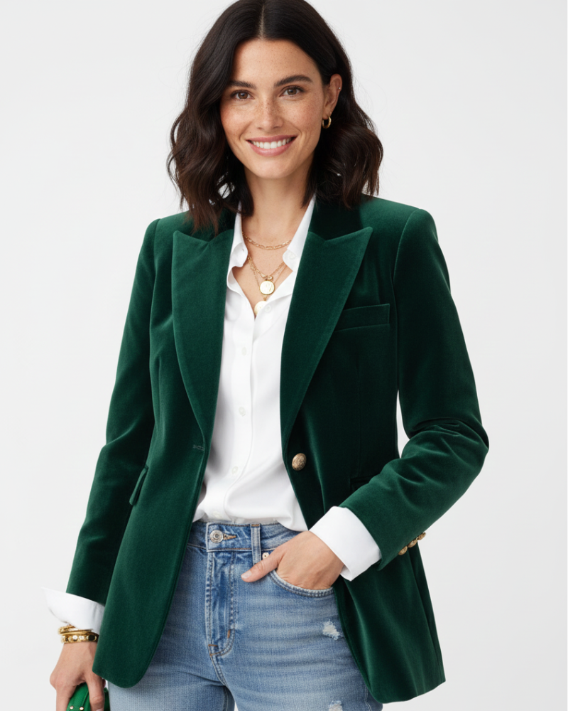 Women's green velvet blazer with gold-tone buttons