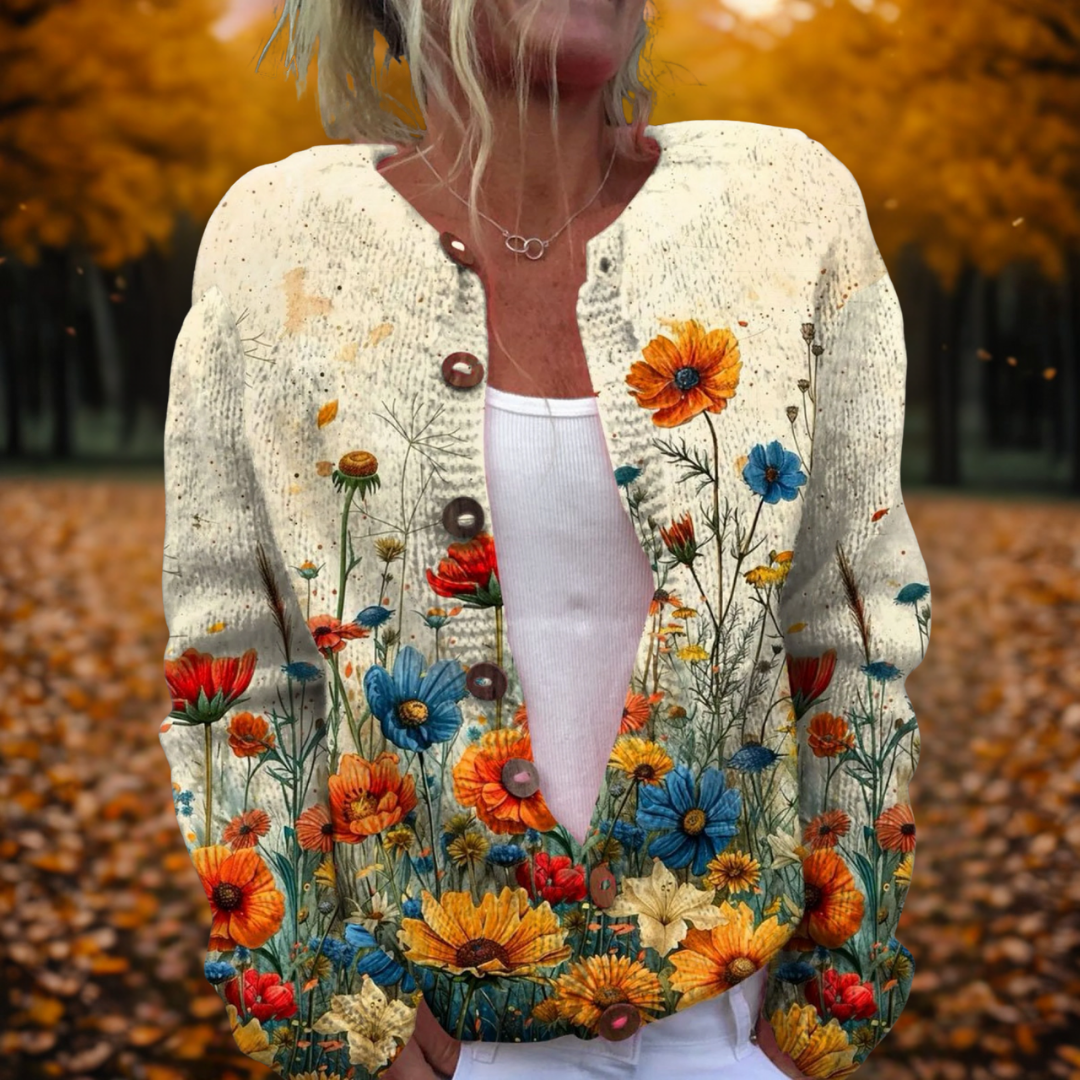 Women's multicolour vintage flower print knit cardigan