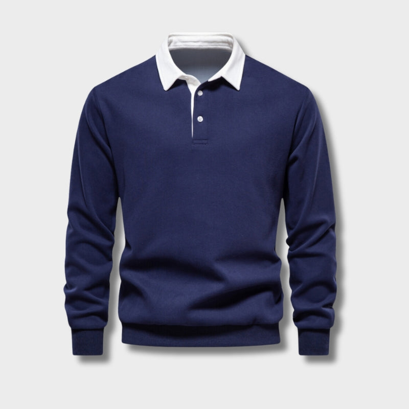 Men's blue long-sleeve knit polo jumper with classic collar