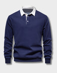Men's blue long-sleeve knit polo jumper with classic collar