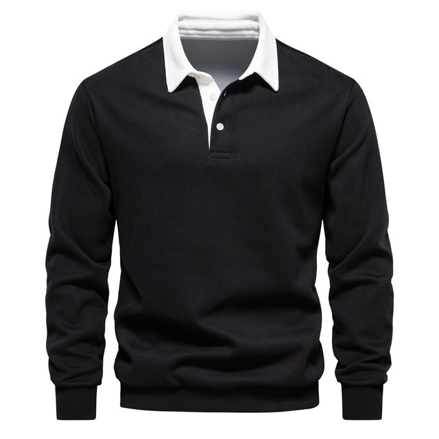 Men's blue long-sleeve knit polo jumper with classic collar