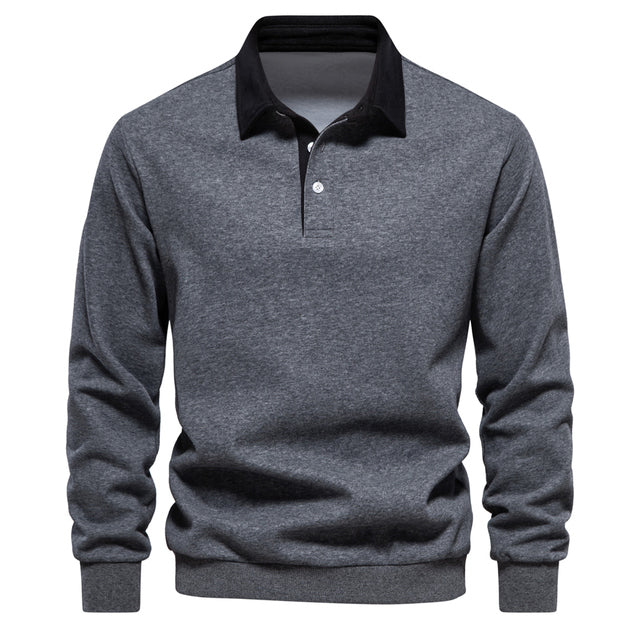 Men's blue long-sleeve knit polo jumper with classic collar