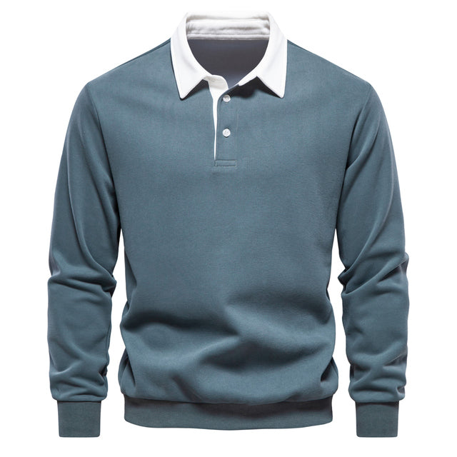 Men's blue long-sleeve knit polo jumper with classic collar