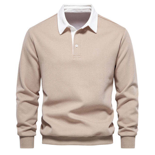 Men's blue long-sleeve knit polo jumper with classic collar