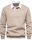 Men's blue long-sleeve knit polo jumper with classic collar
