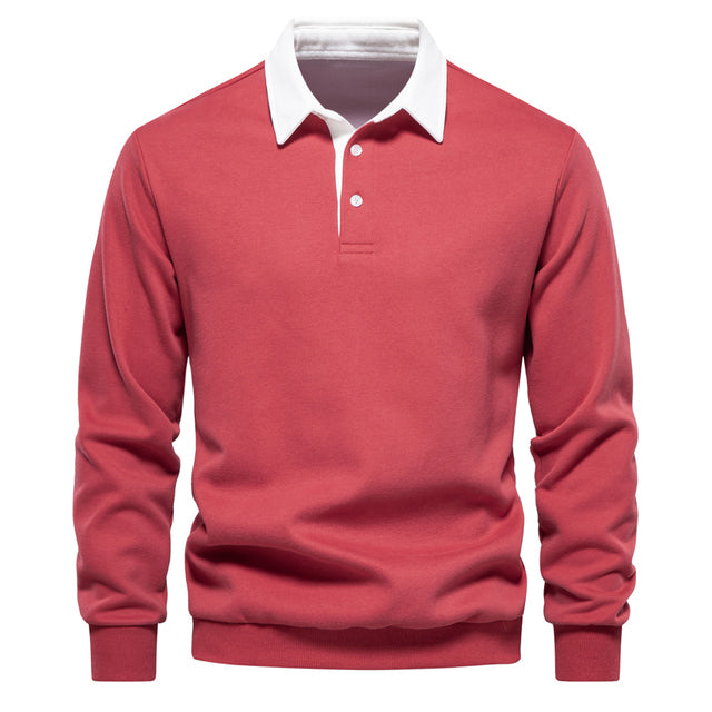 Men's blue long-sleeve knit polo jumper with classic collar