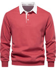 Men's blue long-sleeve knit polo jumper with classic collar