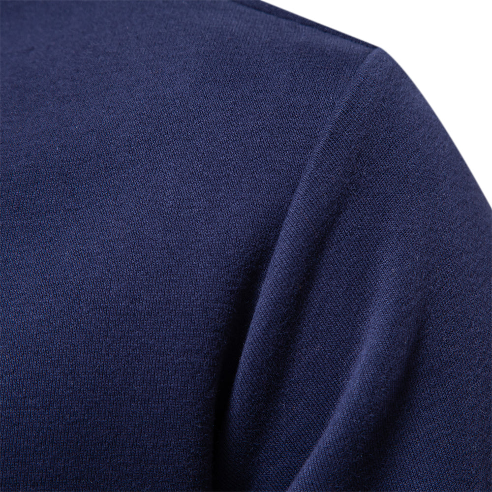 Men's blue long-sleeve knit polo jumper with classic collar
