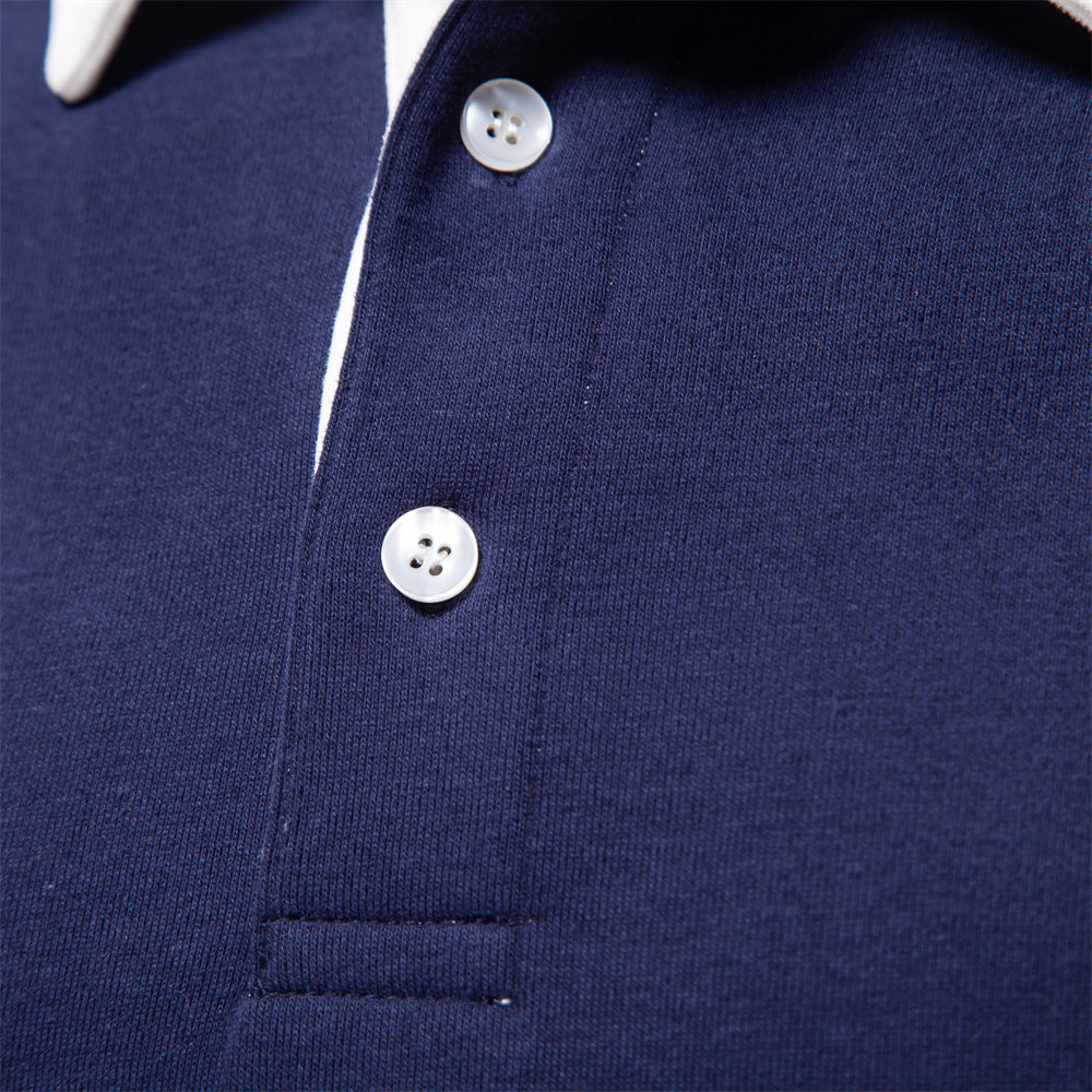 Men's blue long-sleeve knit polo jumper with classic collar