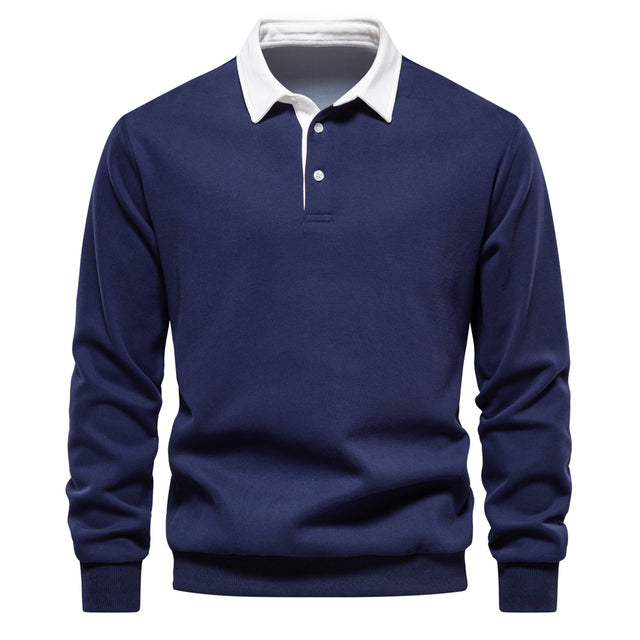 Men's blue long-sleeve knit polo jumper with classic collar