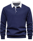 Men's blue long-sleeve knit polo jumper with classic collar