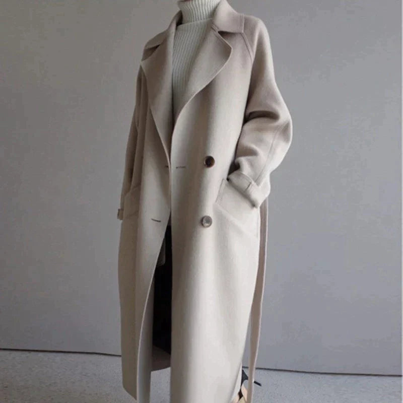 Women's long wool coat elegant tailored timeless in beige