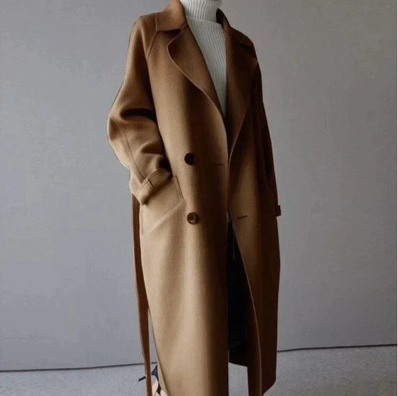 Women's long wool coat elegant tailored timeless in beige