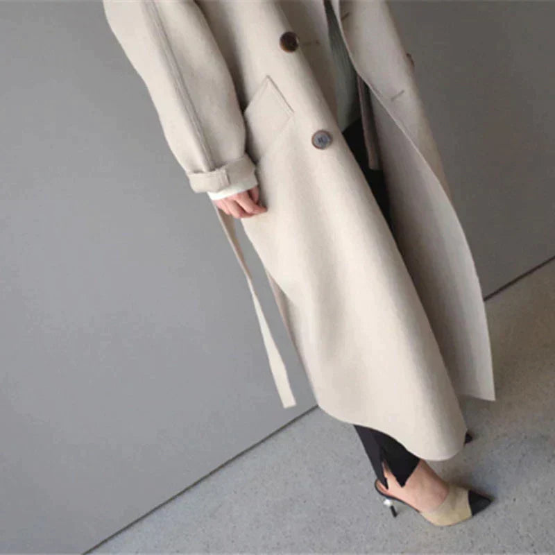 Women's long wool coat elegant tailored timeless in beige