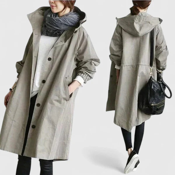 Women's light grey oversized hooded parka with adjustable hood