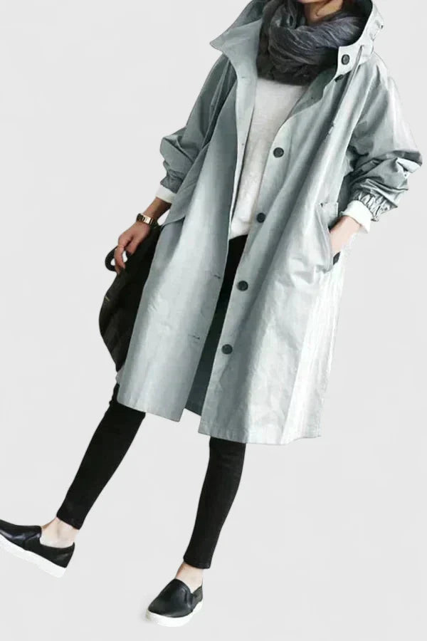 Women's light grey oversized hooded parka with adjustable hood