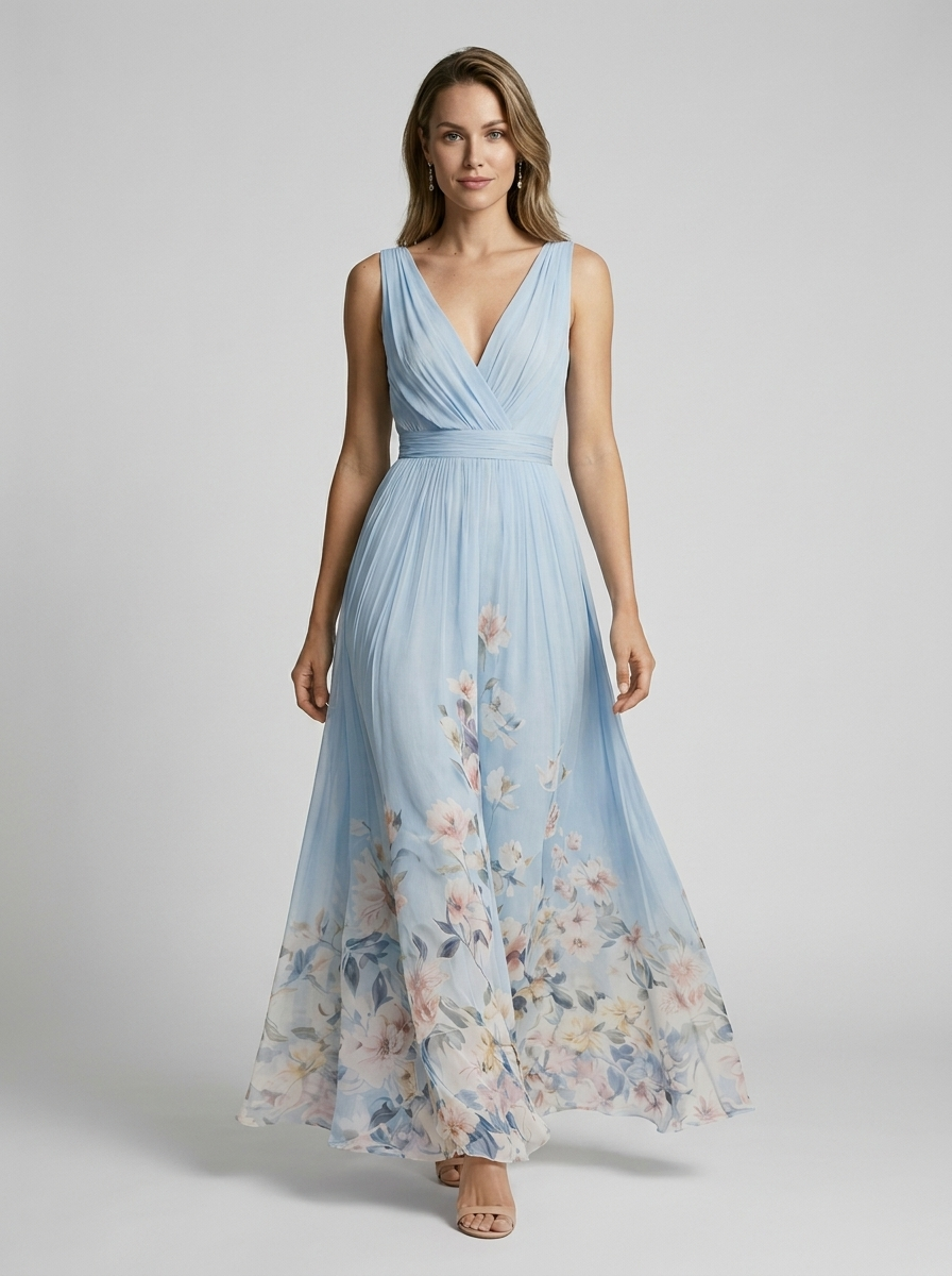 Women’s light blue women's floral maxi dress v-neck