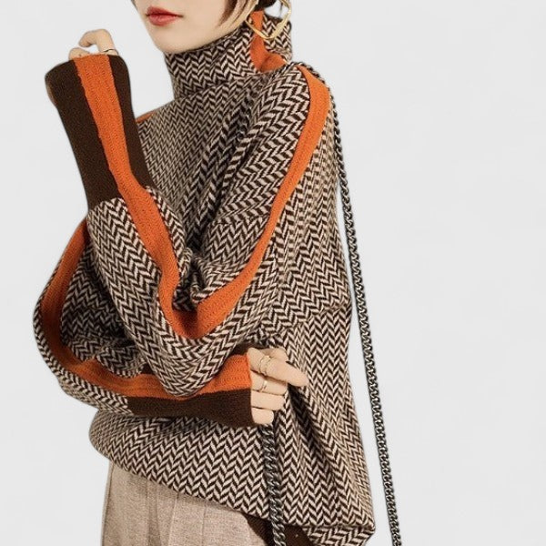 Women's orange high collar striped knit jumper