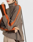 Women's orange high collar striped knit jumper