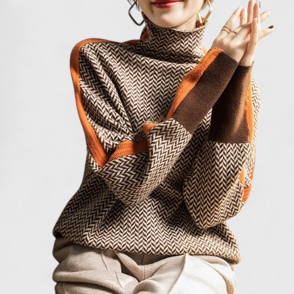 Women's orange high collar striped knit jumper