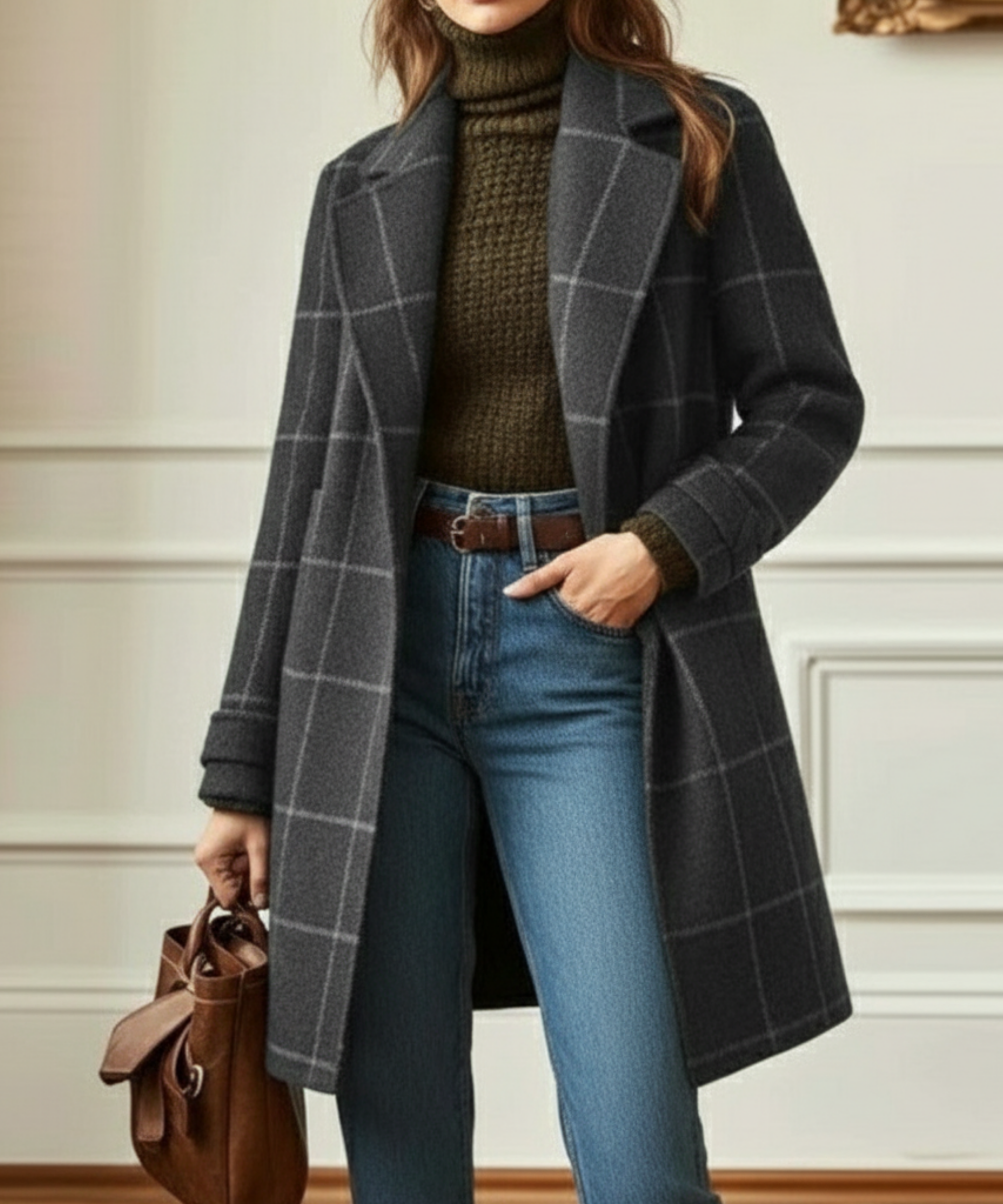 Women's dark green tweed check coat with lapel collar