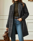 Women's dark green tweed check coat with lapel collar