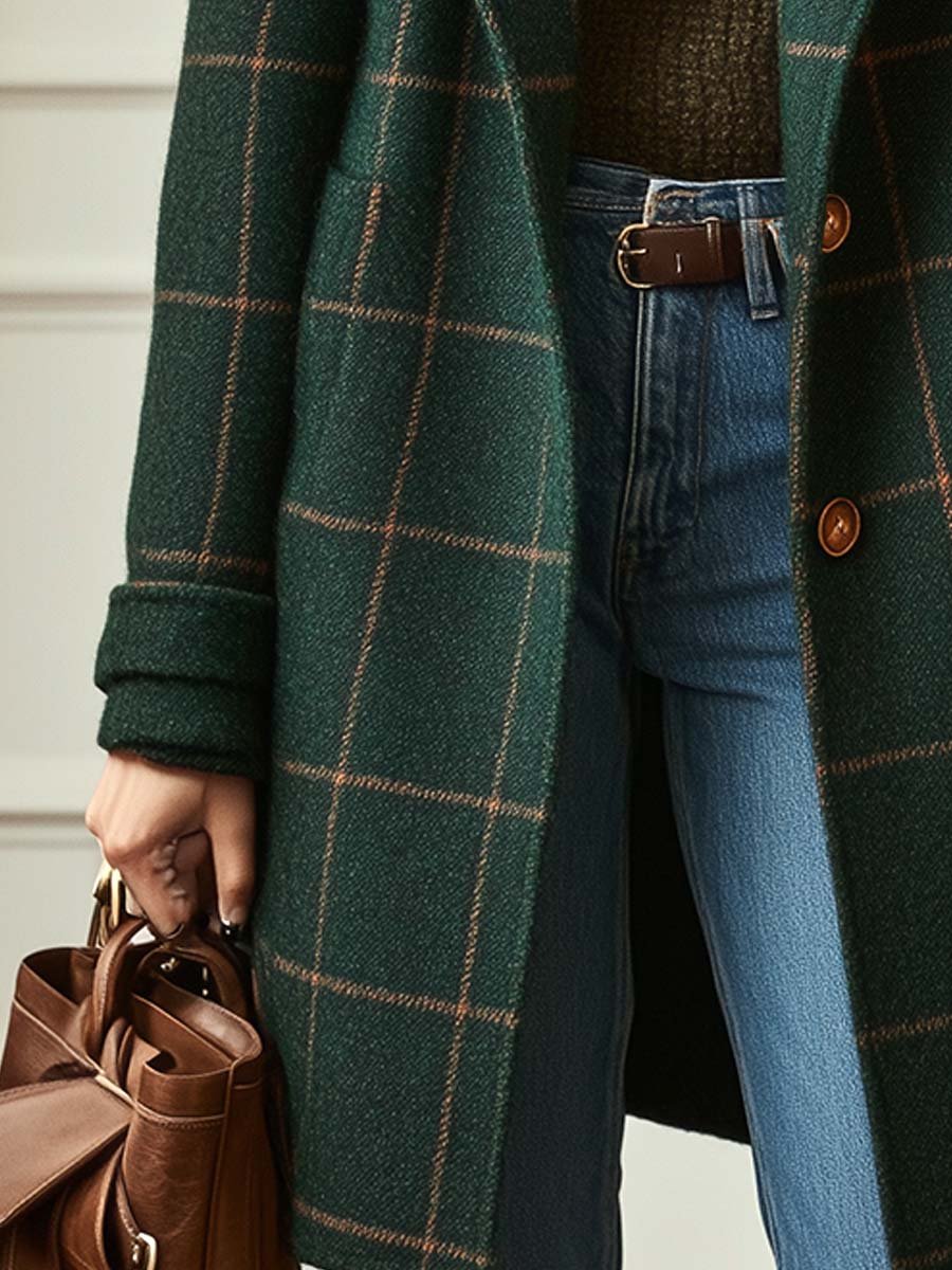 Women's dark green tweed check coat with lapel collar