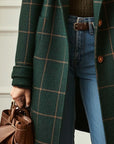 Women's dark green tweed check coat with lapel collar