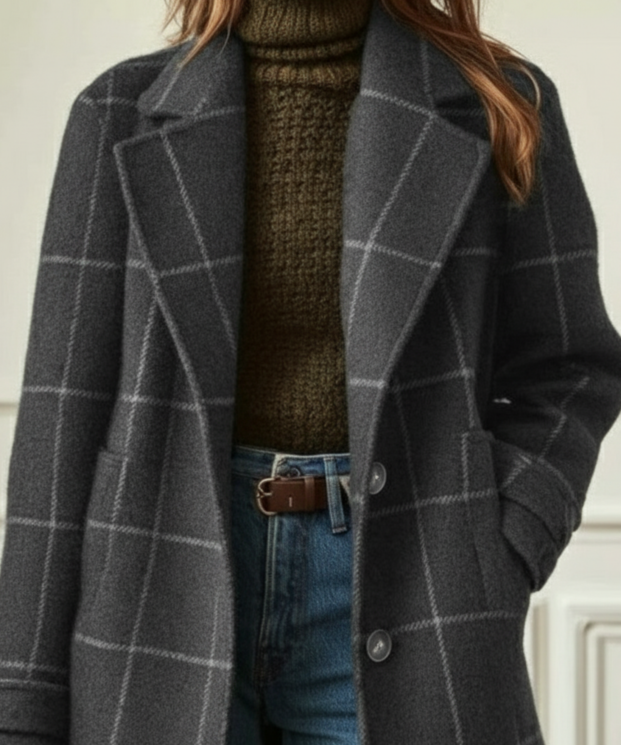 Women's dark green tweed check coat with lapel collar