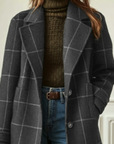 Women's dark green tweed check coat with lapel collar