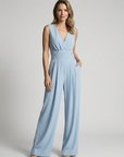 Women’s light blue women's wide leg jumpsuit v-neck
