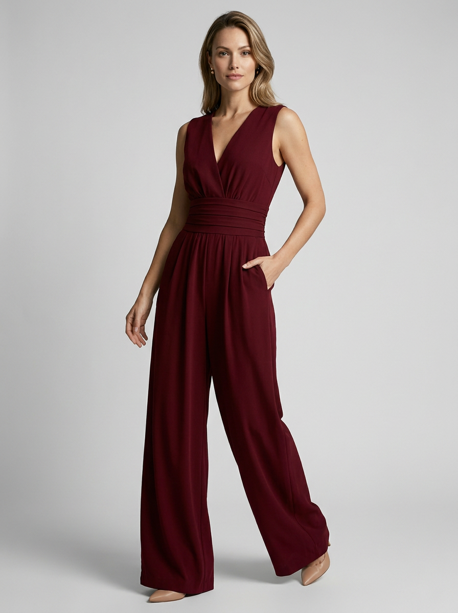 Women’s light blue women's wide leg jumpsuit v-neck